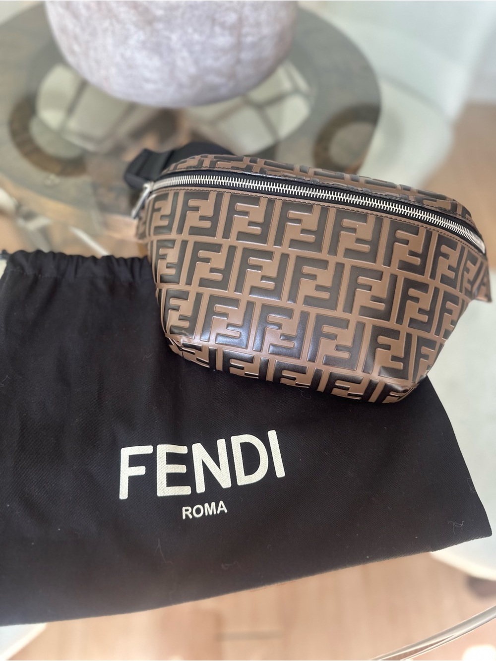 Fendi Brown FF Logo Belt Bag with Black Strap. Unisex but men’s collection